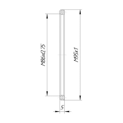 M95x1 male to M86x0.75 female thread adapter, flangeless