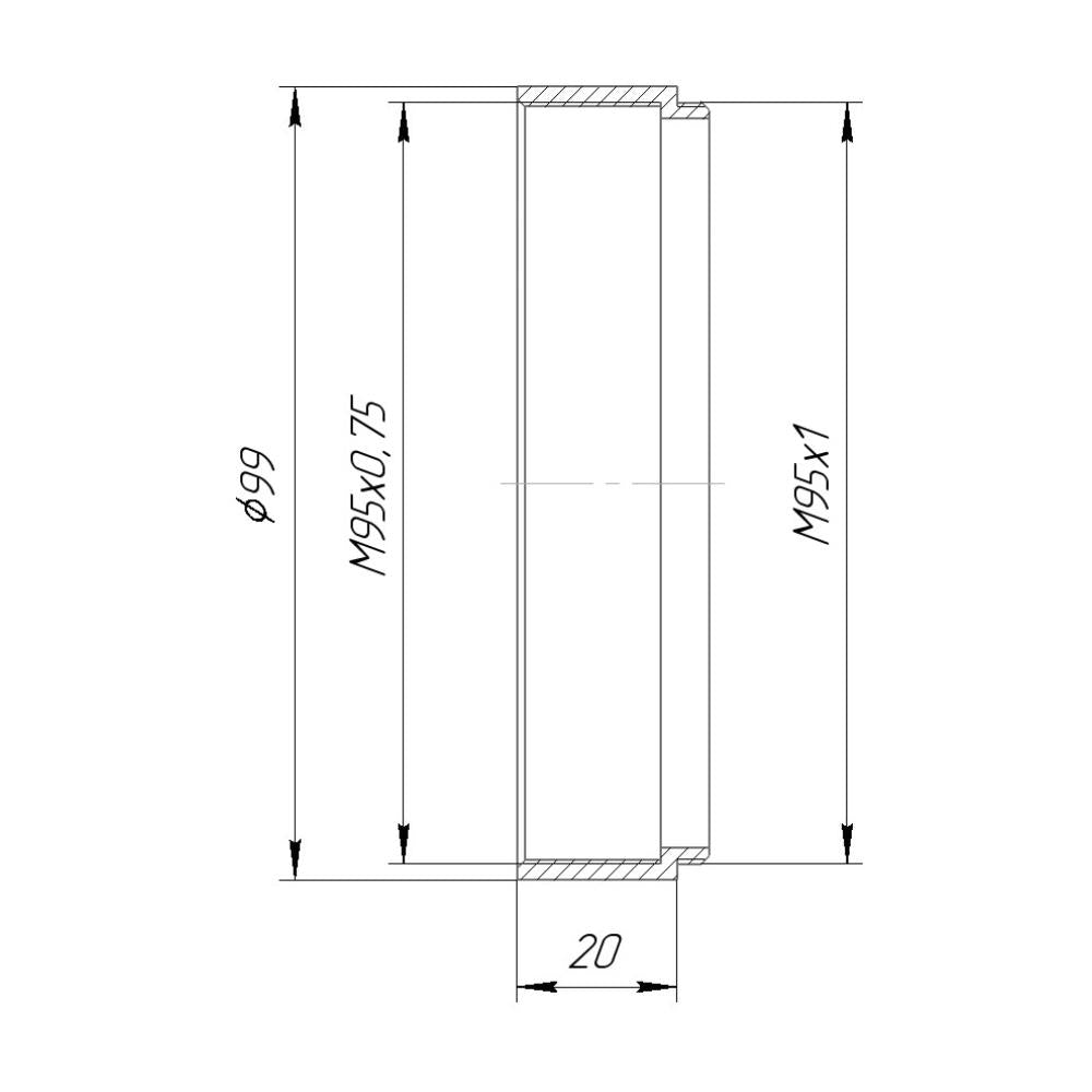 M95x1 male to M95x0.75 female thread adapter (step-down ring), 20mm long