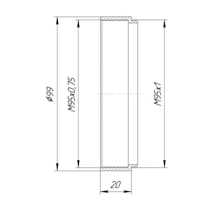 M95x1 male to M95x0.75 female thread adapter (step-down ring), 20mm long
