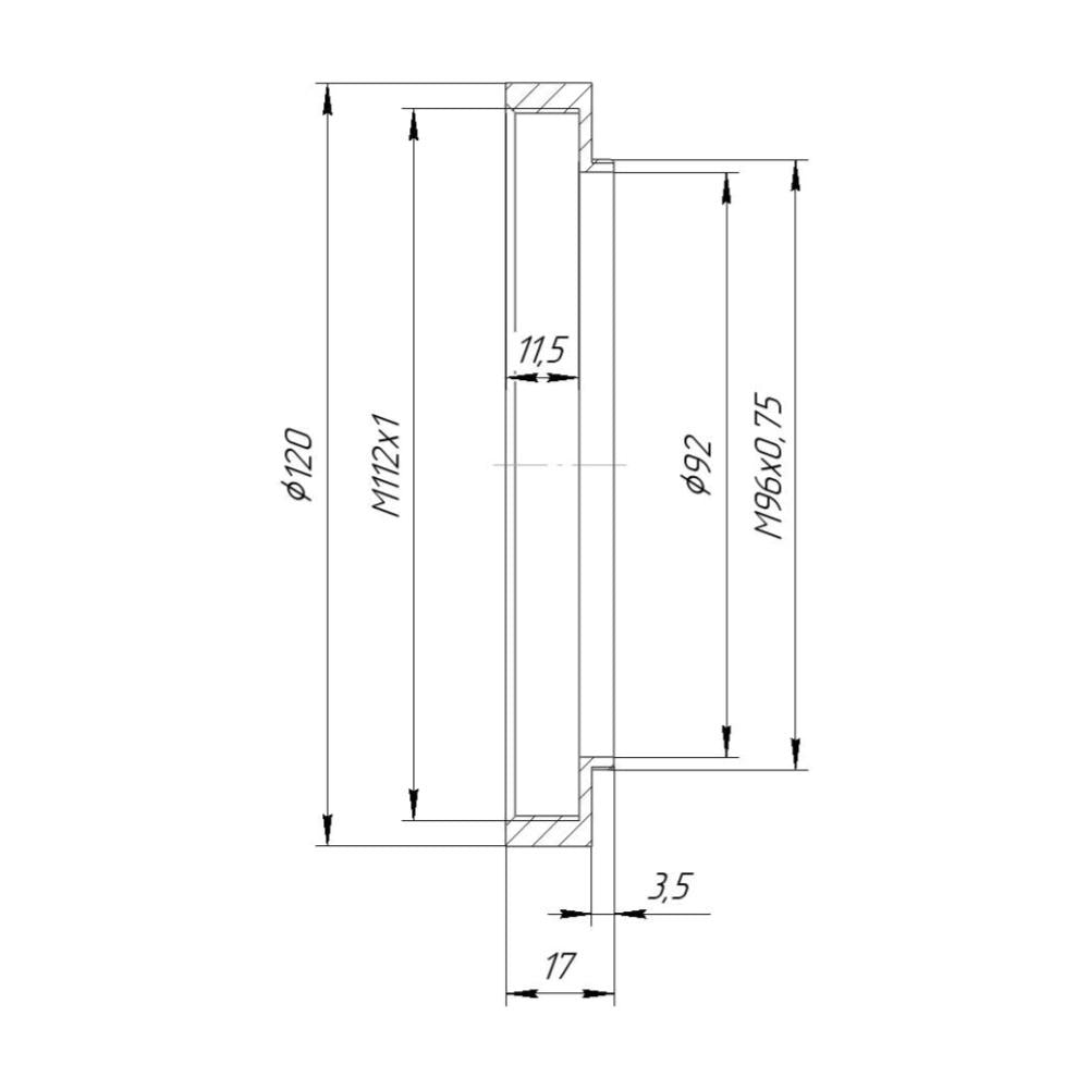 M96x0.75 male to M112x1 female thread adapter (step-up ring)
