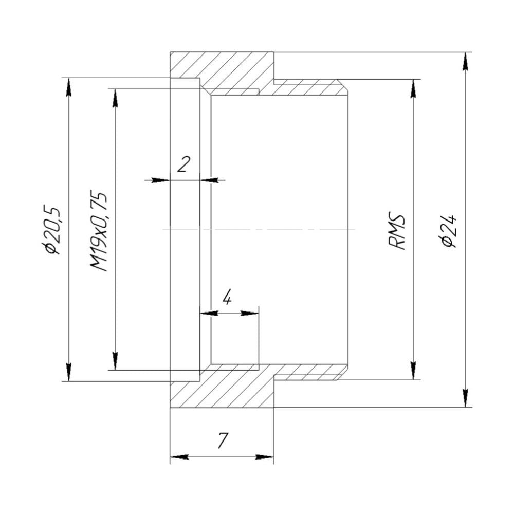 RMS male to M19x0.75 female thread adapter, bronze