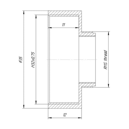 RMS male to M32x0.75 female thread adapter, 12mm height, black