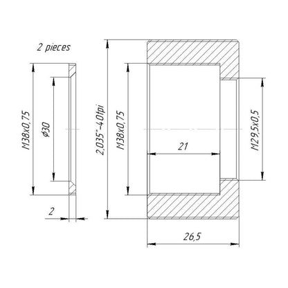 SM2 male to M29.5x0.5 female and M38x0.75 female thread adapter