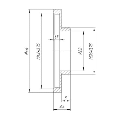 T2 female to M26x0.75 male thread adapter for binoviewers, short