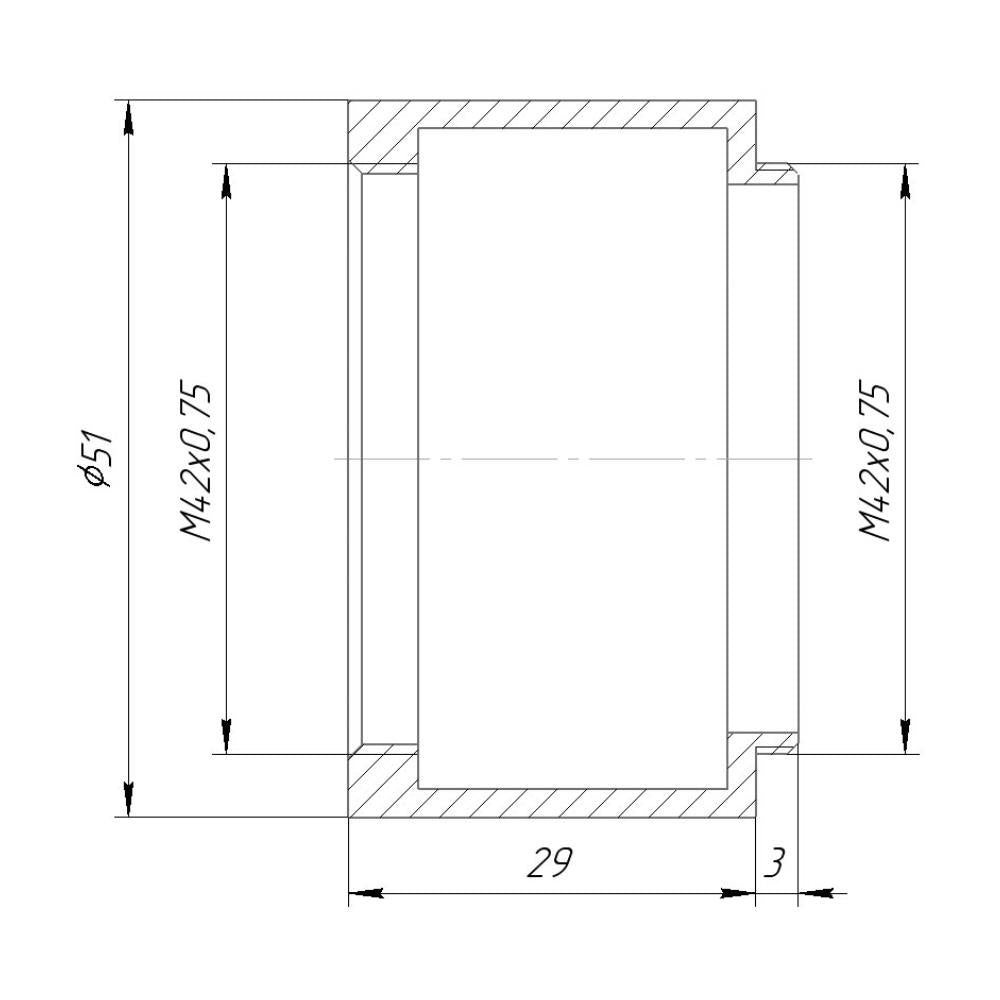 M42x0.75 female to M42x0.75 male thread adapter, 29mm long