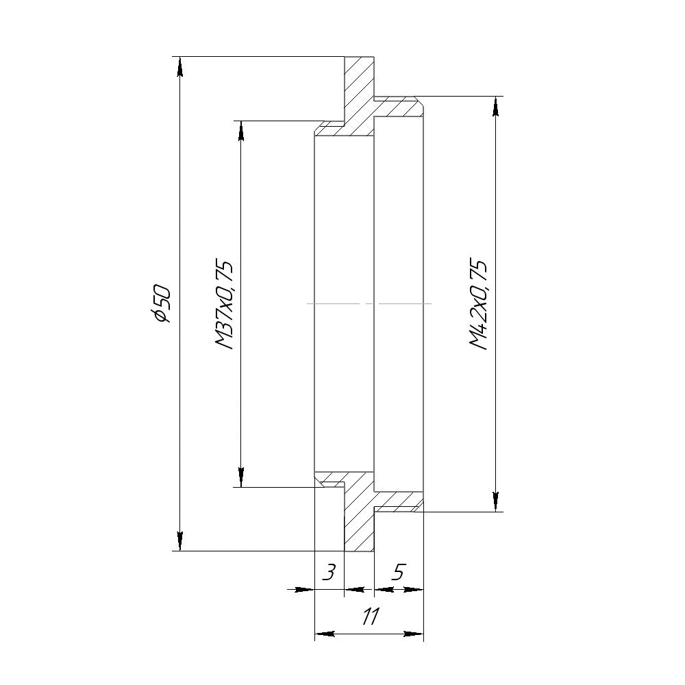 M42x0.75 (T2) male to M37x0.75 male thread adapter